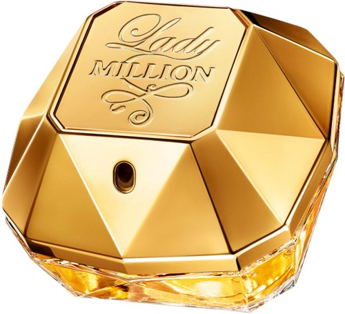 Ein goldener Schmuckkasten mit den Worten 'Lady Million' auf der Oberseite, in Form eines Edelsteins, glänzend und luxuriös.
