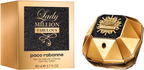 Eine goldene und schwarze Parfümflasche und Box mit der Aufschrift 'Lady Million Fabulous' von Paco Rabanne.