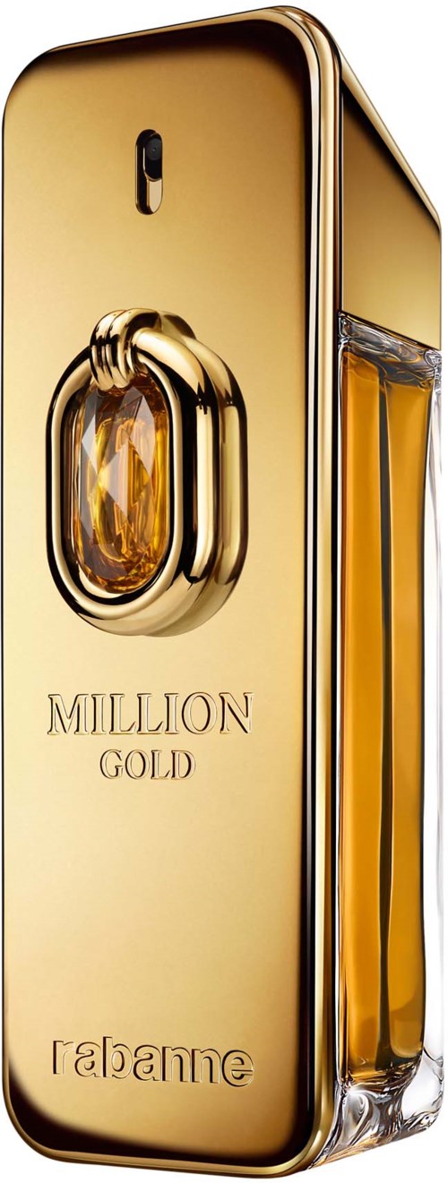 Eine goldene Parfümflasche mit einem Schmuck-ähnlichen Deckel und den Worten "MILLION GOLD" und "parfums".