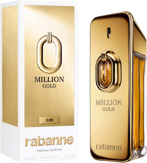 Eine goldfarbene Parfummenge und Box mit den Worten "Million Gold" und "Rabanne."
