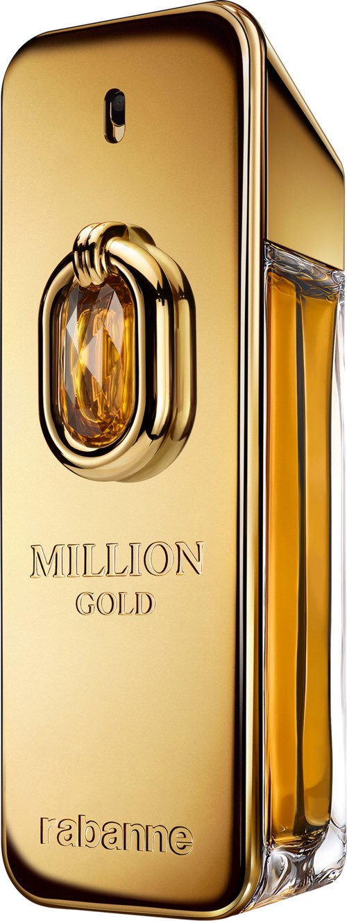 Ein glänzende goldene Parfümflasche mit den Worten 'MILLION GOLD' und 'gabanna'.