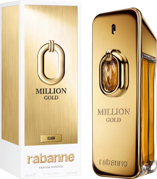 Ein goldfarbenes Parfümflasche und Karton mit 'Million Gold'-Aufschrift von Rabanne.