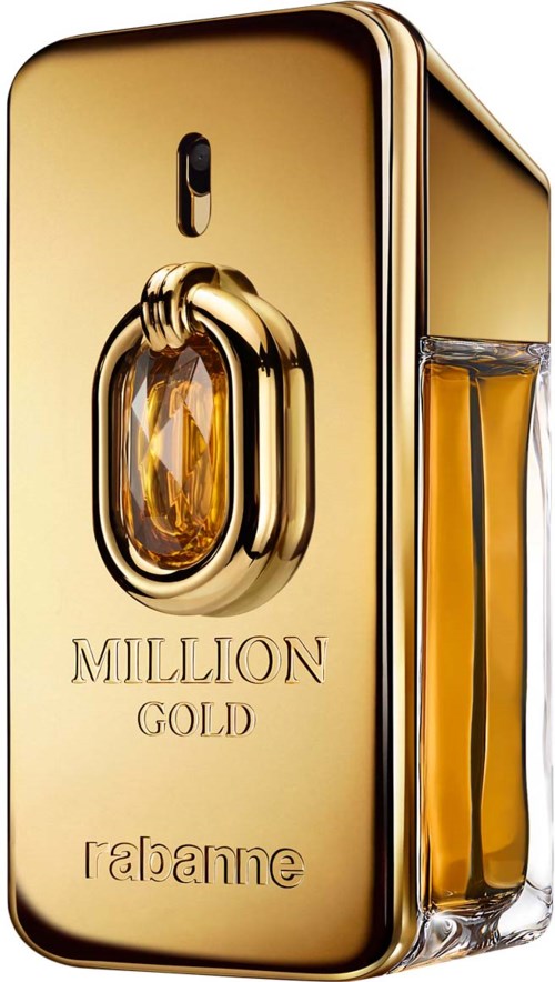 Ein goldfarbenes Parfümfläschchen mit einem großen Edelstein und den Worten "Million Gold".