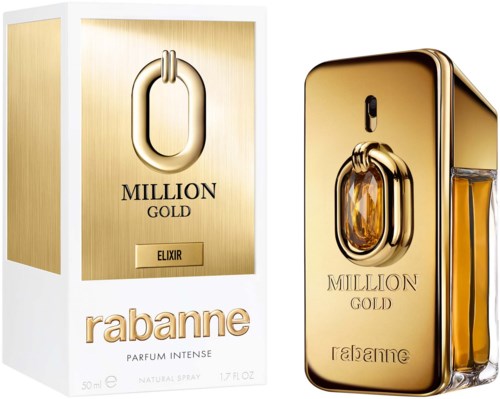 Goldfarbende Parfümflasche und Karton mit der Aufschrift 'Million Gold', Marke 'Rabanne'.