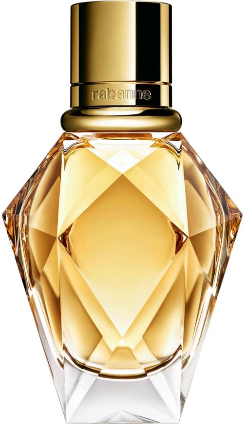 Eine elegante Parfümflasche mit goldener Kappe und Diamantform-Design aus Glas. Es enthält hellgelben Duft.