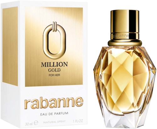 Ein Parfümflasche und Box für Rabanne Million Gold for Her, mit goldfarbenem, diamantgeschnittenem Design. Enthält Text und Logo.