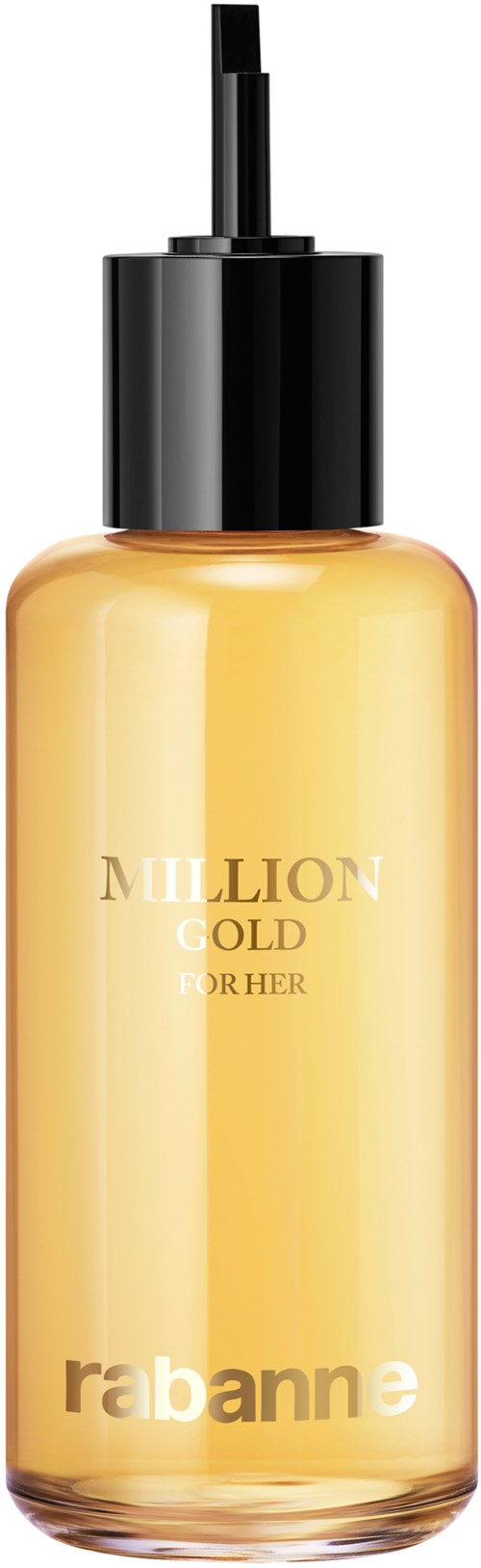 Kleine, klare Flasche mit goldener Flüssigkeit und schwarzem Zerstäuber, beschriftet "Million Gold" von Rabanne.