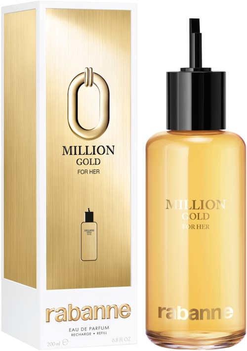 Ein Parfümflasche mit goldener Flüssigkeit, schwarzem Verschluss und goldener Verpackung, mit 'Million Gold for Her' von Rabanne.