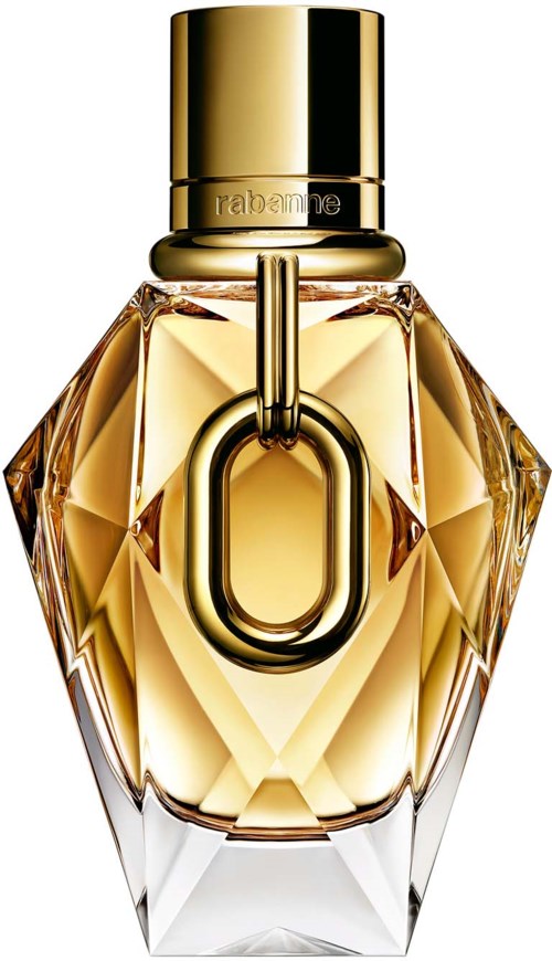 Een luxe parfumfles met een diamantvorm, gouden dop en een grote gouden ringversiering.