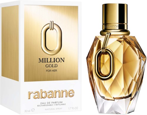 Goudkleurige parfumfles naast verpakking met 'Million Gold for Her' tekst en sieradenachtige hanger.