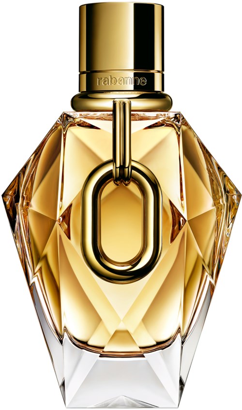 Eine luxuriöse Parfümflasche mit geometrischem, juwelenartigem Glasdesign und Goldkappe und Kette.
