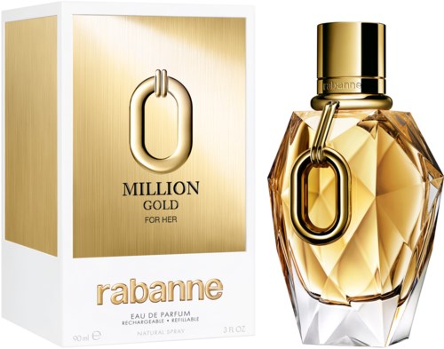 Ein Parfümflasche mit goldenen Akzenten und eine passende Verpackung mit 'Million Gold for Her' von Rabanne.