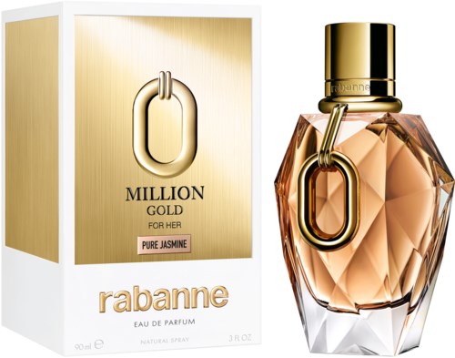 Goldene und rosafarbene Parfümflasche mit großem goldfarbenem Emblem, neben einer goldenen und weißen Verpackung. Elegant und luxuriöses Design.