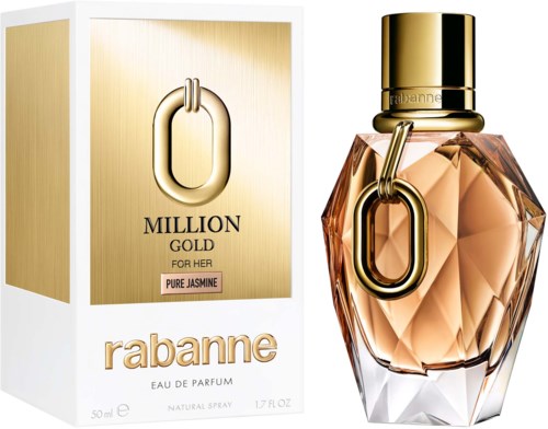En parfymflaska med guldkork och ett geometriskt glas, bredvid sin guld- och vitask box. Det är Rabanne Million Gold for Her.