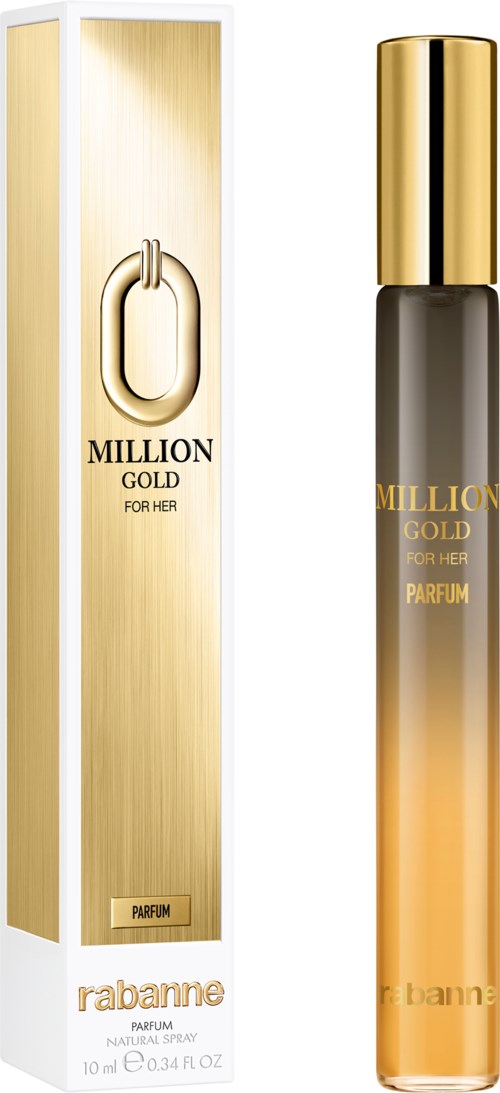 En parfymflaska och förpackning med gyllene och svarta färger, kallad "Million Gold för henne" av Rabanne.