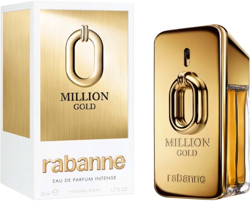 Gullparfymeflaske og eske med stor O-symbol og tekst 'Million Gold' og 'rabanne' på.