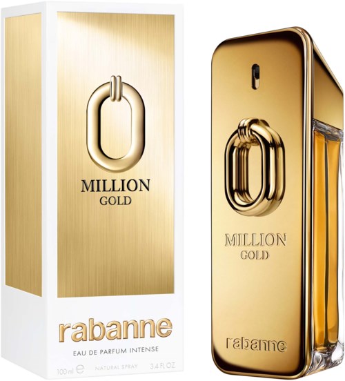Ein Parfümflasche in Form einer Goldbarren-Designs mit "Million Gold" und Rabanne, zusammen mit der Verpackung.