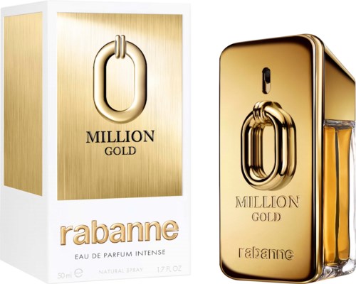 Een goudkleurige parfumfles en doos met 'Million Gold' van Rabanne. De fles is glanzend met een metallic afwerking.
