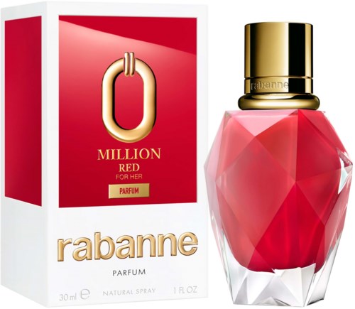 Punainen hajuvesipullo, jossa on kultainen korkki ja geometrinen muoto, vieressä punainen ja valkoinen rasia merkinnällä Rabanne Million Red.