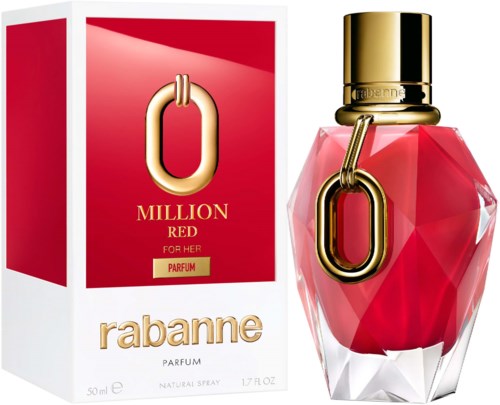 Rabanne Million Red for Her -parfyyri ja pakkauksen kuva, punainen ja kullan väri.