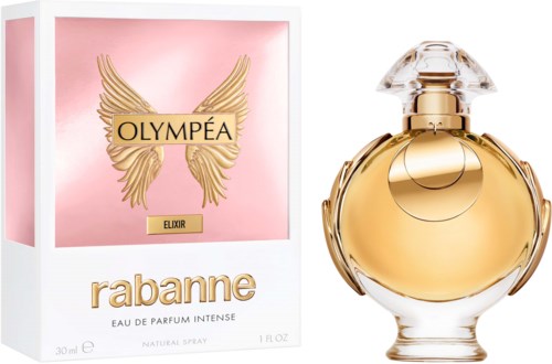 Ein Parfühflasche und eine Box mit goldenen Flügeln, rosa Hintergrund und dem Namen Rabanne. Die Flasche ist rund und goldfarben.