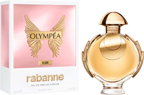 Ein Parfümflasche und eine Box mit rosa Hintergrund, goldene Flügeldesign und den Namen Rabanne, Elixir, Olympéa.