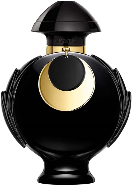 Eine schwarze und goldene Parfümflasche mit runder Form und großem schwarzen Verschluss.