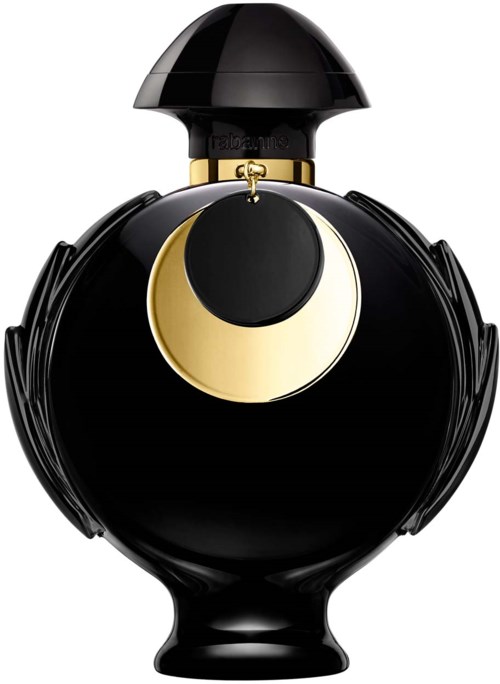Eine schwarze Parfümflasche mit rundem, gold- und schwarzen Deckel und dekorativen Flügeln. Es sieht elegant und luxuriös aus.