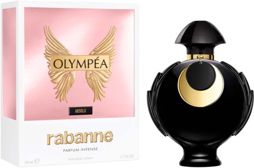 Ein Parfüm-Box mit Olympéa Absolu und eine schwarze Parfümflasche mit goldenen Details.