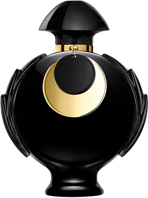 Eine schwarze Parfümflasche mit runder Form, goldenen Akzenten und großem schwarzen Deckel.