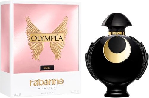 Ein Parfümset mit goldenen Flügeln und dem Wort 'OLYMPEA'; daneben ein schwarzer und goldener Parfümflakon.
