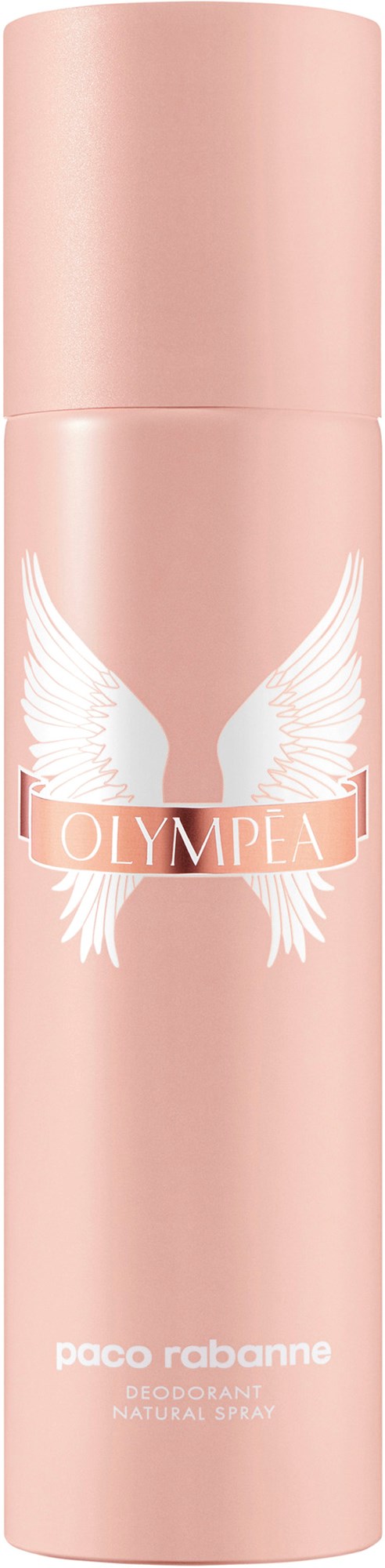 Rosa Sprühdose mit weißen Flügeln und dem Wort "OLYMPEA," wahrscheinlich ein Deo oder Parfüm.