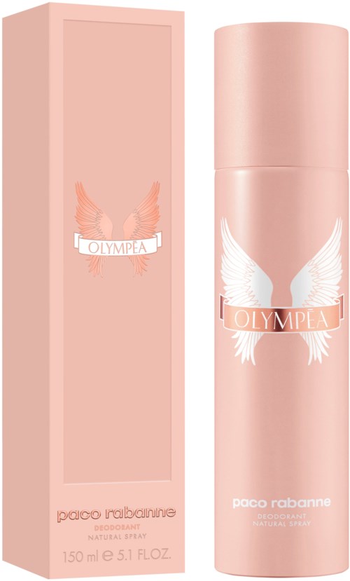 Ein rosa Deodorantflasche mit weißen Engelsflügeln und einer Schachtel, beide mit 'Olympea' von Paco Rabanne.