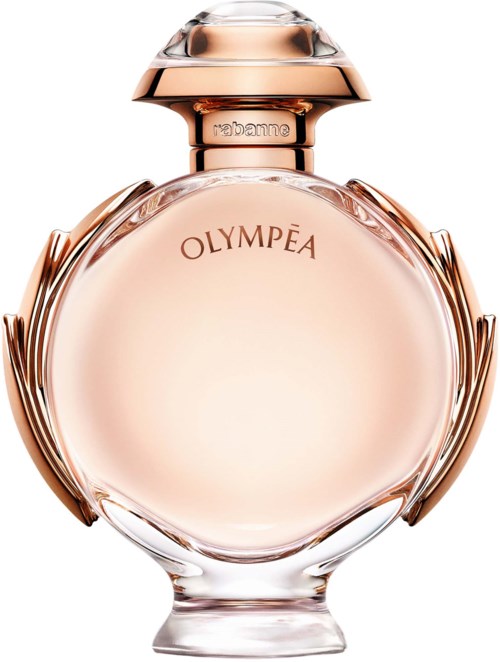 Ein Parfümflakon mit runder Form und roségoldener Kappe, mit "OLympea" beschriftet.