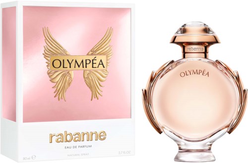 Ein Parfümflasche und Karton, pink und gold Design, namens Olympéa von Rabanne, elegant und luxuriös.