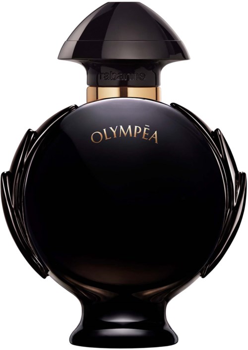 Eine elegante schwarze Parfümflasche mit runder Form, goldenem Hals und einzigartigem Deckel. Das Etikett sagt "OLYMPEA."