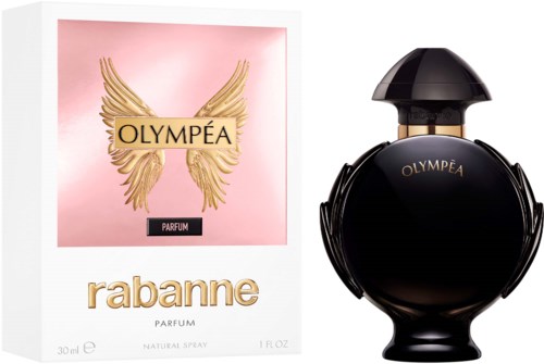 Ein Parfümflasche und eine Verpackung, beide mit "OLYMPEA" beschriftet. Die Verpackung ist rosa mit goldenen Flügeln und den Worten "rabbane."
