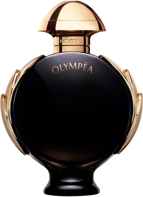 Eine schwarze Parfümflasche mit goldfarbenen Akzenten und runder Form, beschriftet 'OLYMPEA'.