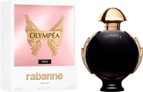 Parfüm-Box mit goldenen Flügeln, Name OLYMÉA, und eine schwarze und goldene Parfümflasche.