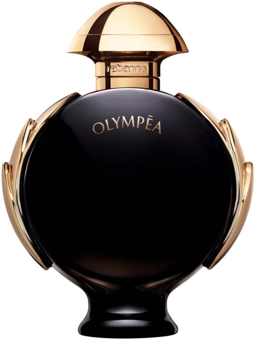 Runde Parfümflasche mit Gold- und Schwarzd design, beschriftet 'OLYMPÉA'. Das hat einen glänzenden goldenen Deckel und dekorative Seiten.
