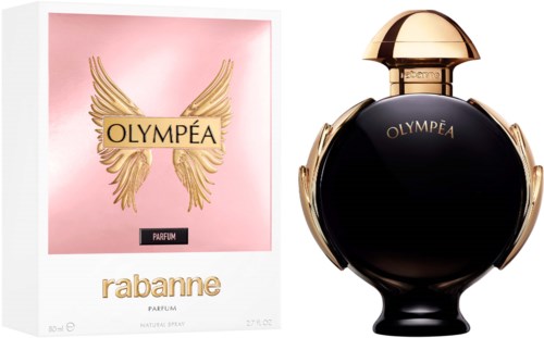 Ein Parfümflasche und eine Verpackung. Die Verpackung ist rosa mit goldenen Flügeln und dem Namen Olympéa. Die Flasche ist rund, schwarz, mit einem goldenen Verschluss.