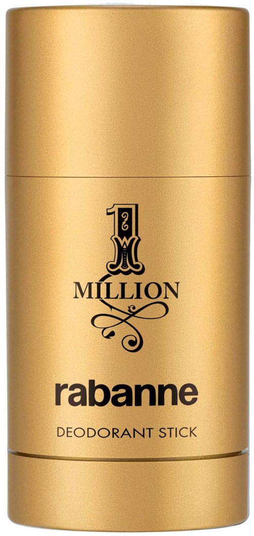 Ein goldener Deodorantstiftbehälter mit schwarzem Text, gekennzeichnet "1 MILLION rabanne" und "DEODORANT STICK."
