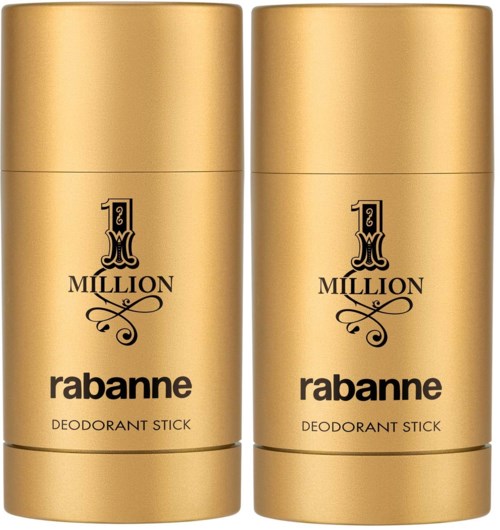 Zwei goldene Deosticks mit schwarzen Text und dekorativen Elementen, bezeichnet 'Million' und 'Rabanne.'