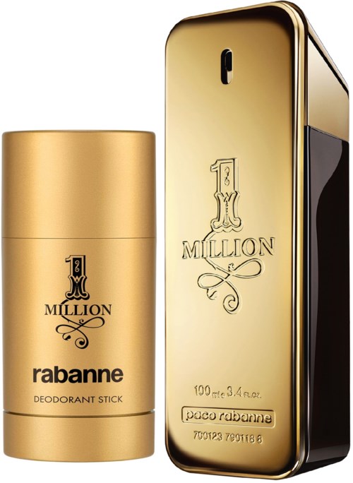 Ein goldener Deodorant-Stick und eine goldene Parfümflasche mit schwarzen Akzenten.