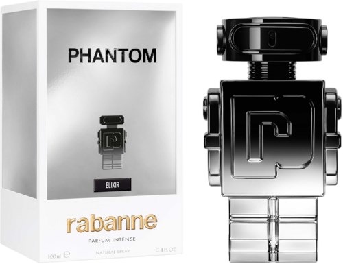 Ein Parfümflasche mit Robotermotiv und Verpackung mit 'PHANTOM' und 'rabanne' in Goldschrift.