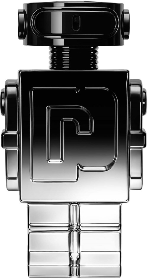 Ein glänzender schwarzer Roboterspielzeug mit rechteckigem Körper, rundem Kopf und metallähnlichen Armen und Beinen.