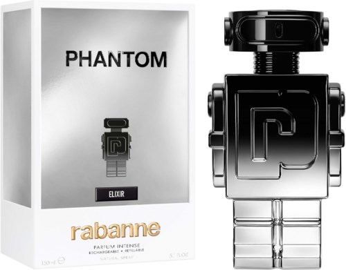Parfümbox mit der Aufschrift 'PHANTOM' und einem Roboterbild sowie dem Wort 'ELIXIR'. Schwarze, roboterförmige Flasche mit Metallic-Finish.
