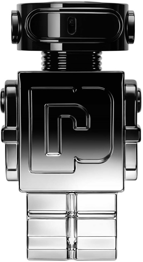 Ein glänzendes, schwarzes, roboterförmiges Objekt mit eckigem Körper, runden Augen und einem Metallgürtel.