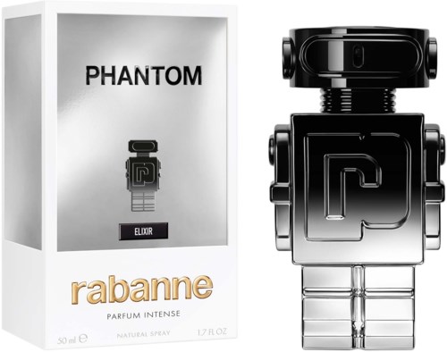 Ein Parfümflasche und eine Box sind zu sehen. Die Box liest "PHANTOM" und "rabelle PARFUM INTENSE." Die Flasche sieht aus wie ein Roboter.