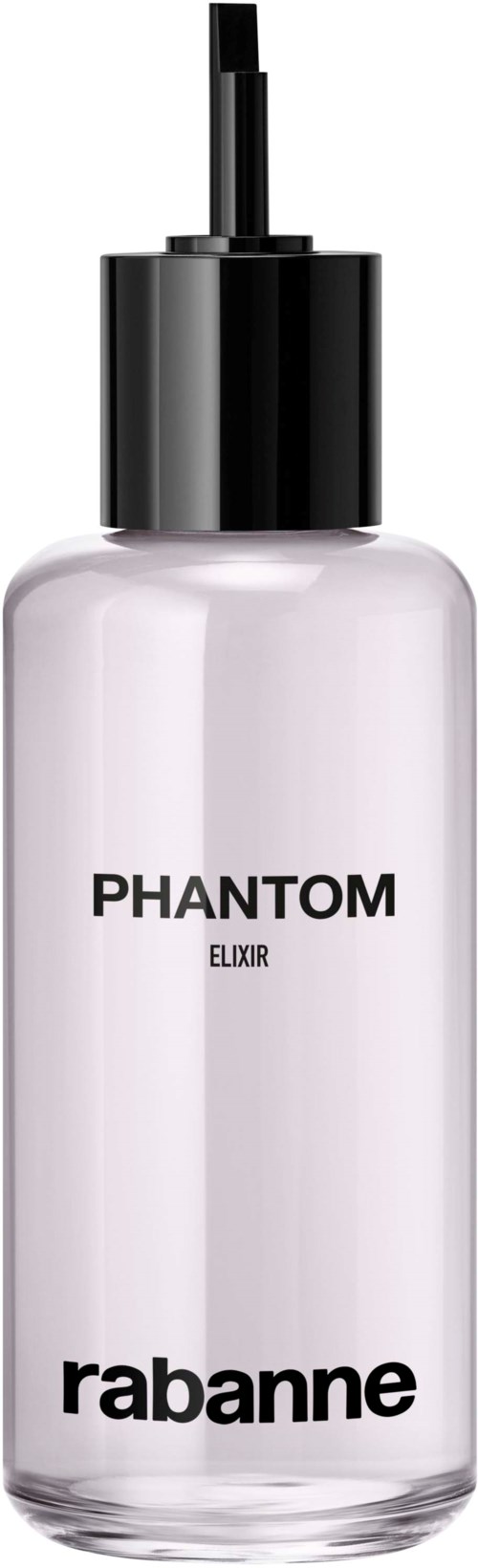 Eine kleine, klare Flasche mit schwarzem Sprühkopf. Das Etikett zeigt 'PHANTOM ELIXIR' und 'rabanne'.